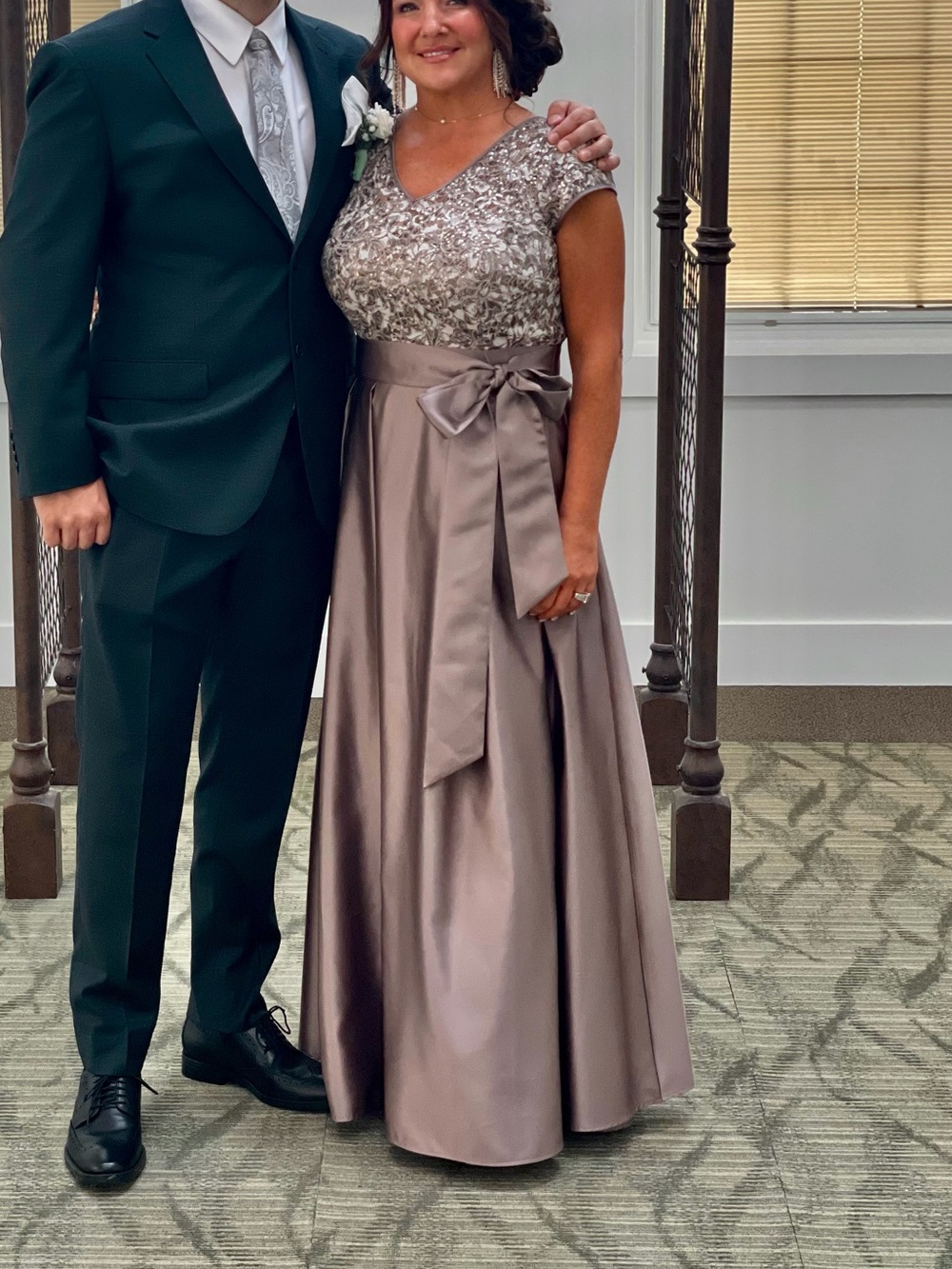 Xscape Taupe Satin Maxi Dress with Embroidered Bodice - Picture 11 of 12